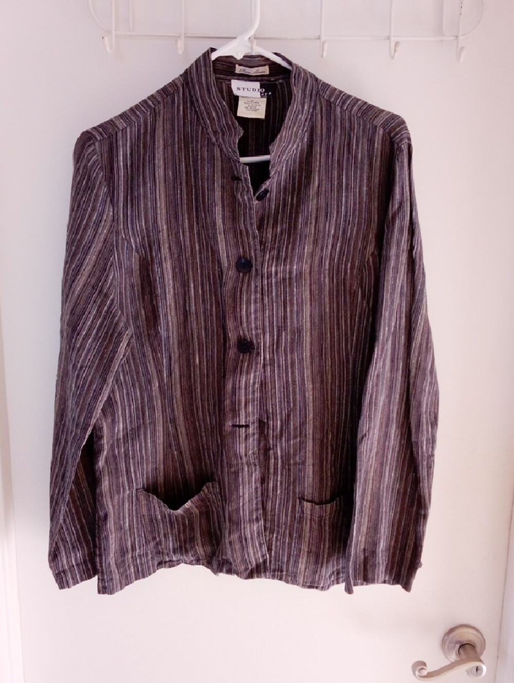 Studio Striped Button Jacket in Dark Blue, Brown and Gray Tones